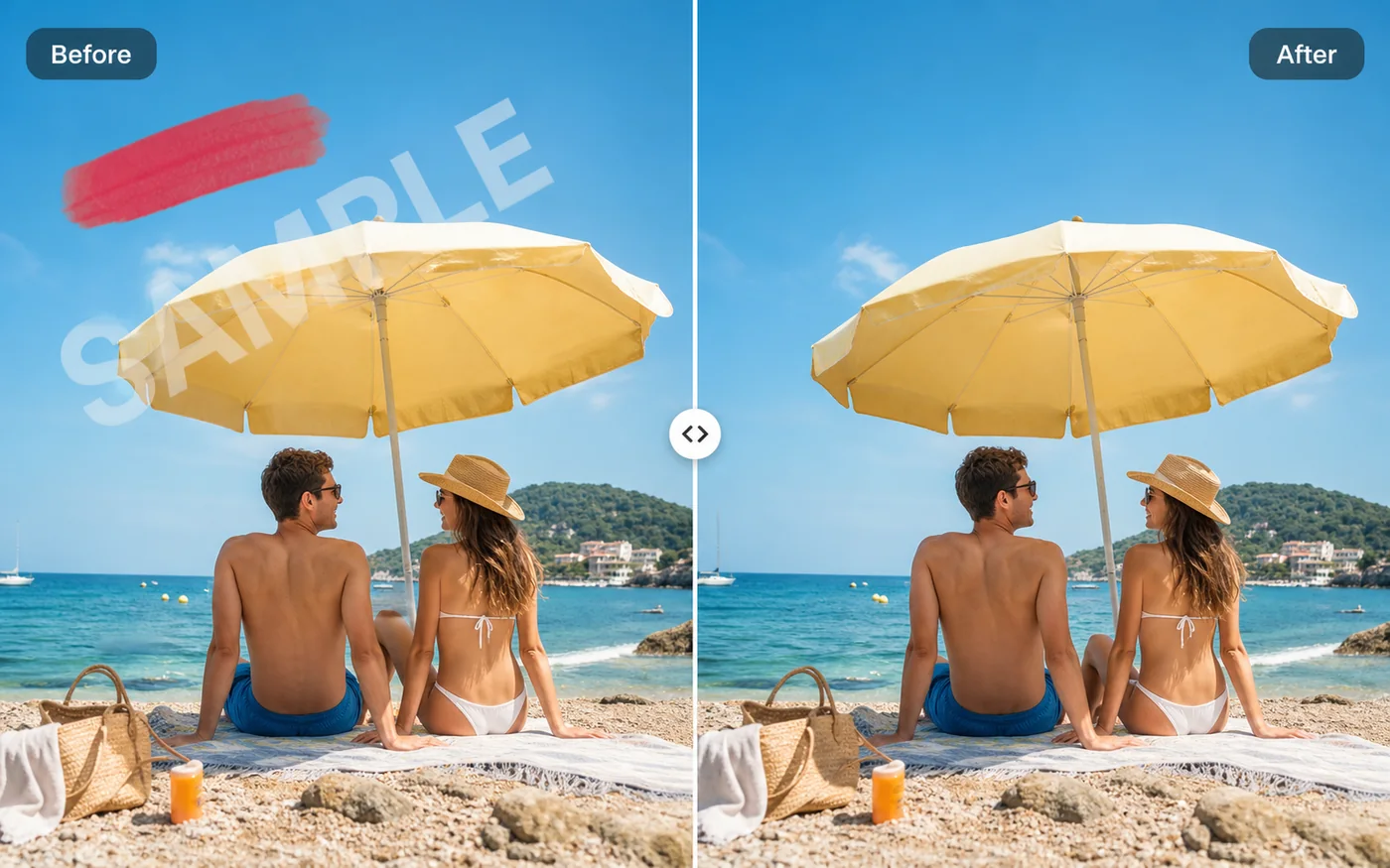 Beach travel photo before and after watermark cleanup example