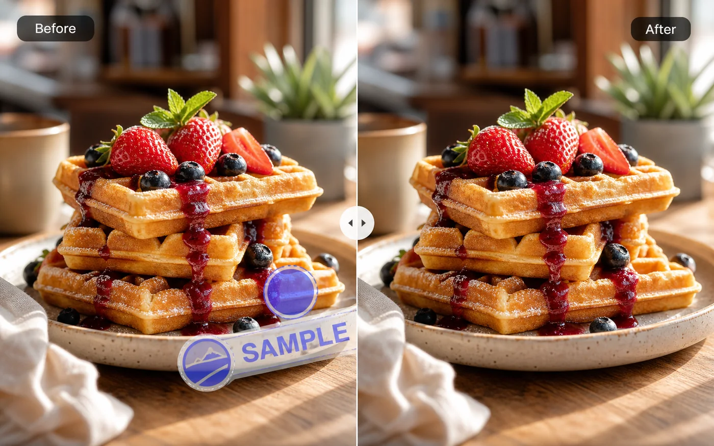 Food product photo before and after logo cleanup example