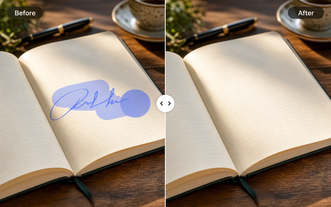 Notebook page before and after date stamp cleanup example