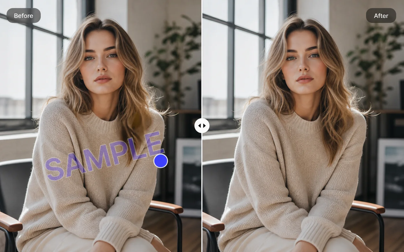 Portrait before and after text overlay cleanup example